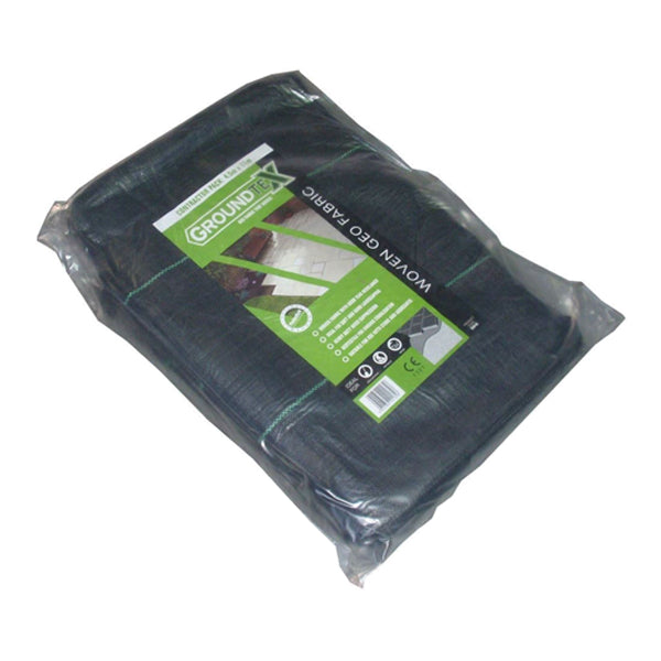 Woven geotextile ground cover fabric in packaging for landscaping and garden use