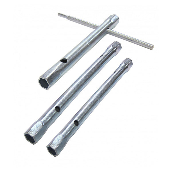 Steel tubular box spanner set with T-bar for nuts and bolts, ideal for building tasks