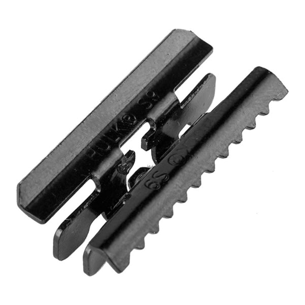 Close-up of a black metal serrated joiner plate for building material applications