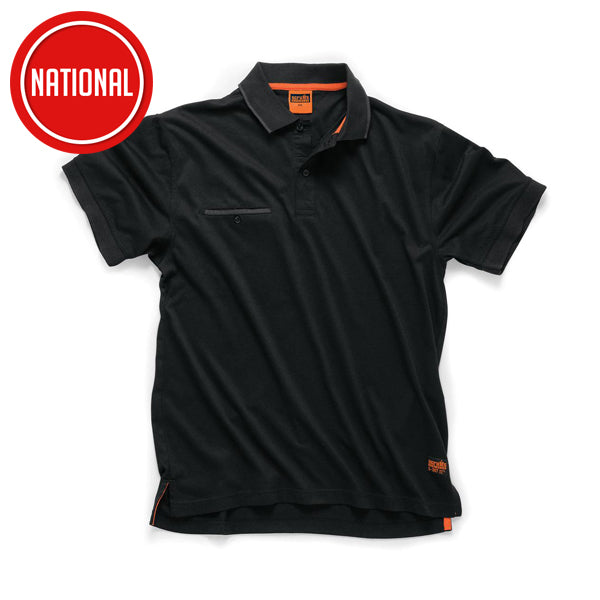 Black workwear polo shirt with orange trim and pocket, building materials apparel