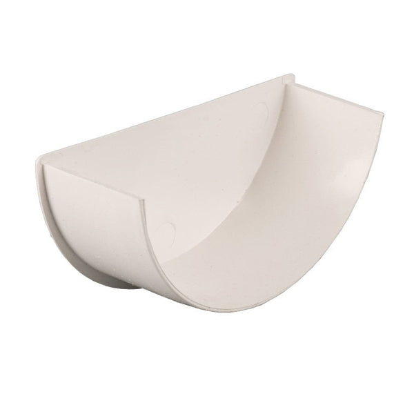 White plastic gutter stop end for rainwater drainage systems on plain background
