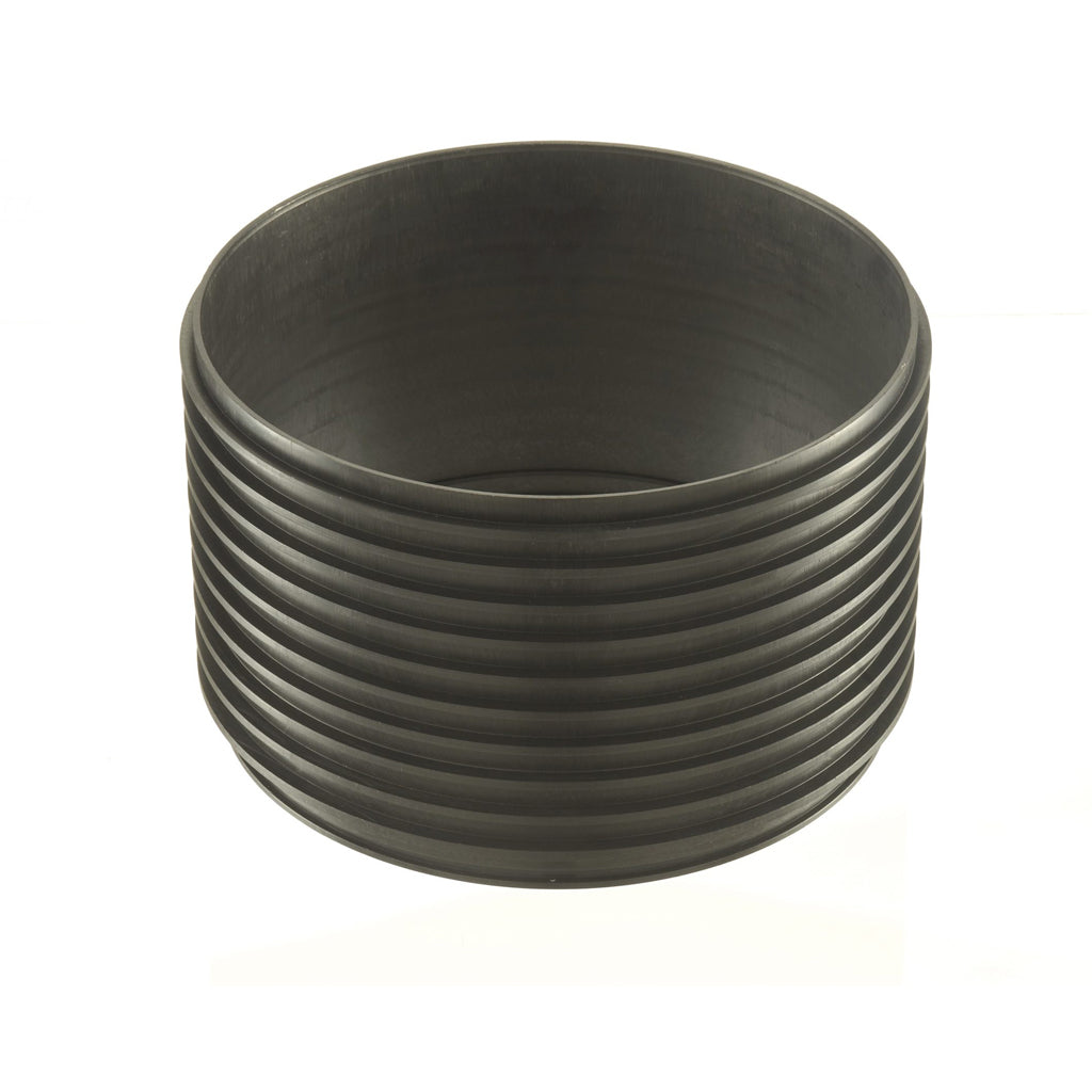 Black plastic drainage pipe coupler with ribbed exterior for building and plumbing projects