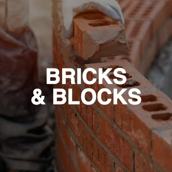 Builder laying red bricks on a wall, close-up with text 'Bricks & Blocks' overlayed.