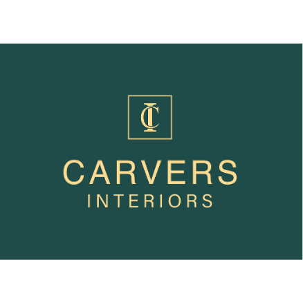 Gold text logo reading 'Carvers Interiors' on dark green background, stylish home design branding