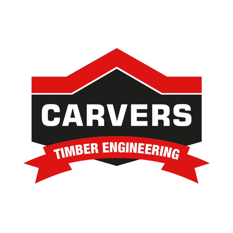 Timber engineering logo with red, black, and white house shape and ribbon design