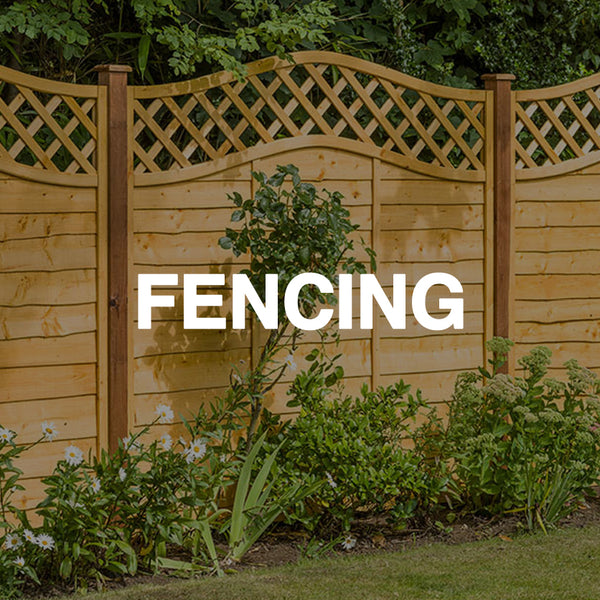 Wooden garden fencing panels with decorative lattice top and plants in front