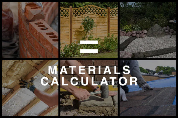 Collage showing brick wall, wooden fence, gravel landscaping, roof insulation, paving, and roof tiling with text materials calculator